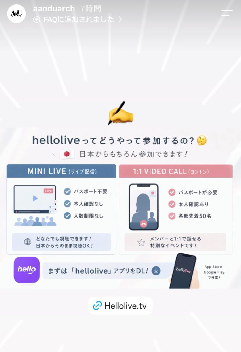 hellolive参加方法(MINI LIVEとVIDEO CALLの違い)を説明するFAQ画像